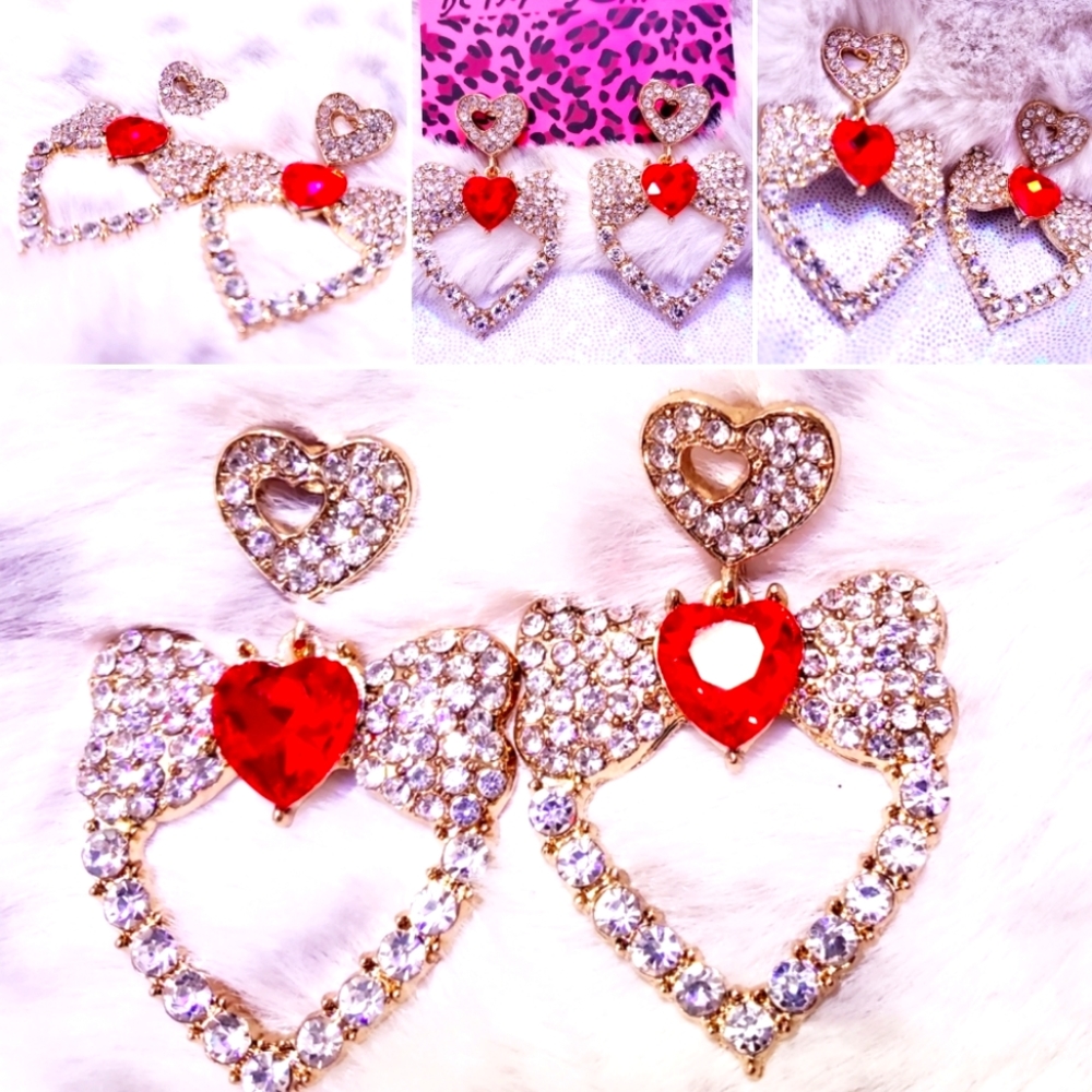 Gold ruby red and white crystal heart drop earring